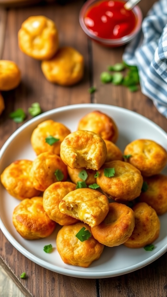 A plate of savory keto snack bites with cheese, on a rustic table with marinara sauce.